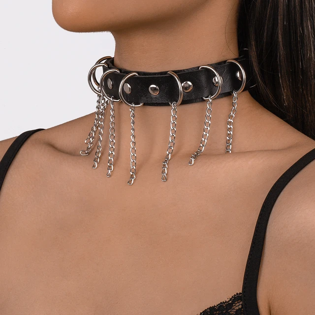 Leather Spiked Choker Punk Collar Women Men Alloy Tassels Chocker Chunky  Necklace Goth Jewelry Metal Gothic