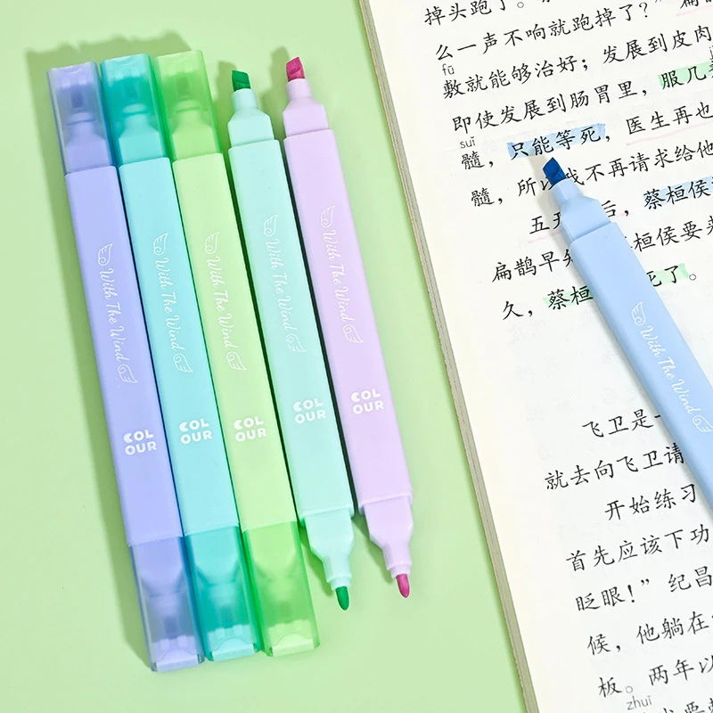 양면 형광 형광펜, 파스텔 마커, 학생 문구, 사무실 학교 용품, 귀여운 색상, 6 개/세트