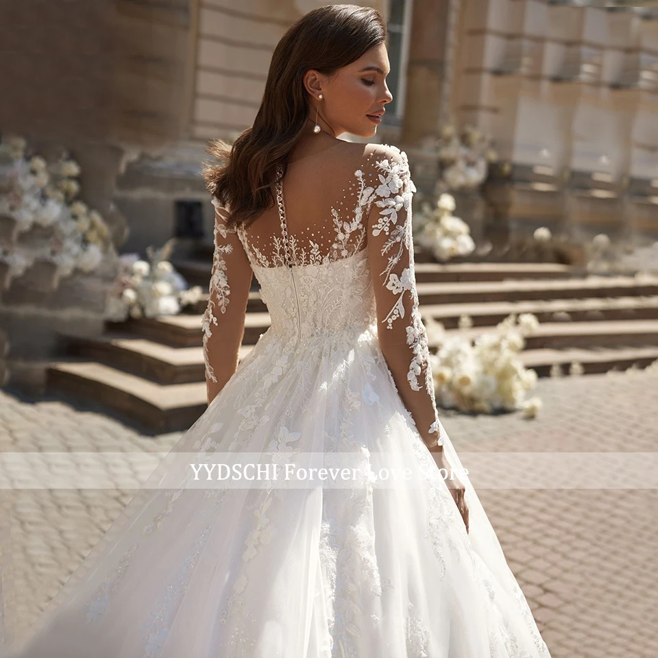 Elegante weiße/elfenbeinfarbene A-Linien-Brautkleider mit langen Ärmeln 2026, Spitzenapplikationen, O-Ausschnitt, Hofschleppe, Damen-Brautkleid, Vestido De Novia – Detail 6