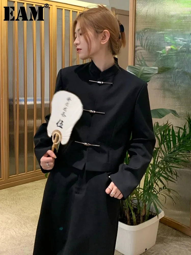 

[EAM] Women Black Buckle Elegant Blazer New Stand Collar Long Sleeve Loose Fit Jacket Fashion Tide Spring Autumn 2024 1DF6842