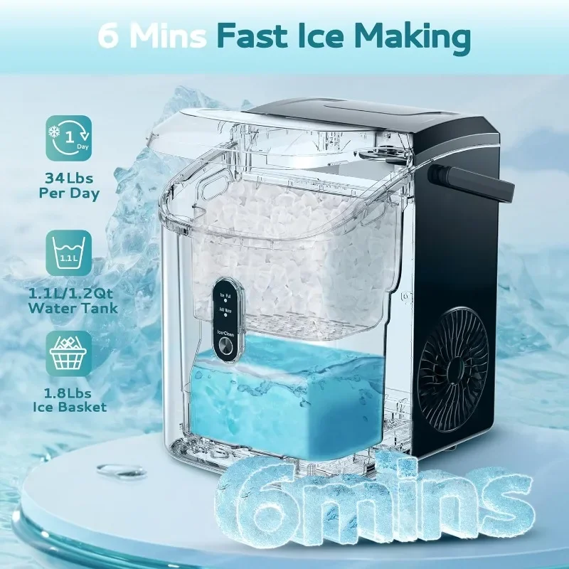 Countertop Ice Maker EUHOMY Nugget Ice Maker Countertop with Handle Ready in 6 Mins 34lbs/24H Removable Top Cover Portable Pebble Ice Maker
