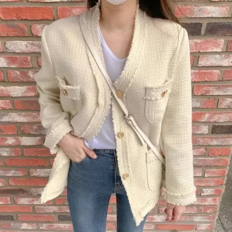 

Apricot Vintage Tweed Jacket Women Autumn Winter Single-breasted Elegantcoats Female Streetwear Korean Outfit Clothing