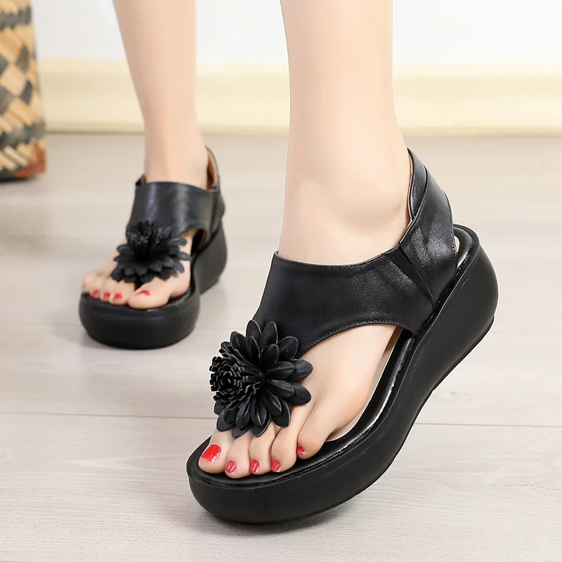 

Genuine Leather Sandals Flowers Summer Wedge Shoes for Women Big Size 41 42 Comfortable Waterproof Female Flip Flops