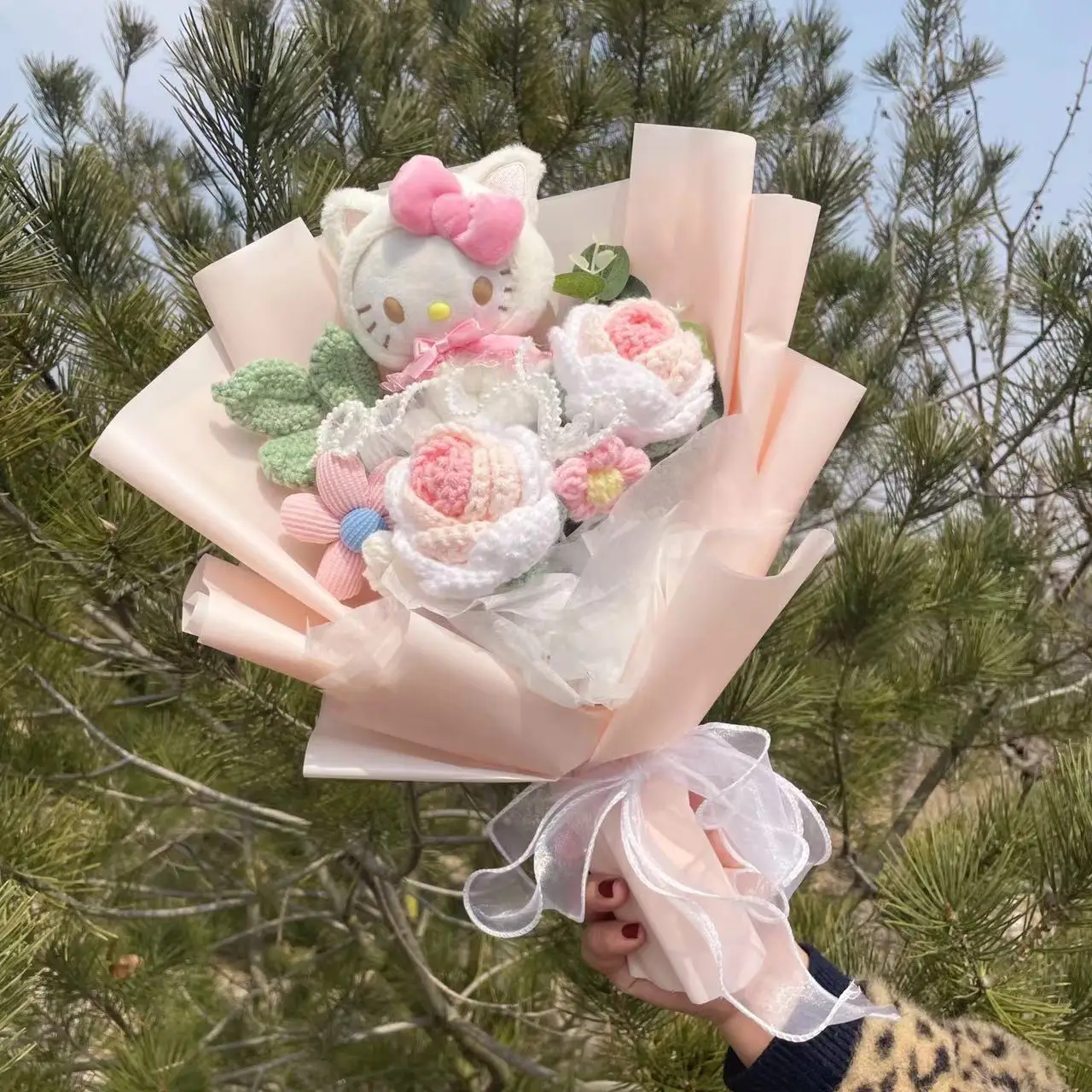 Cartoon Hellokitty Cat With Artificial Flowers Plush Doll Toy bridal bouquet Flower Bouquet Valentine Christmas Graduation Gifts 4
