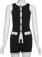 Weird Puss Ribbed Patchwork 2 Piece Set Women Single-Breasted Sleeveless Tops+Stretch Shorts Daily Casual Trend Classic Outfits - Image 6