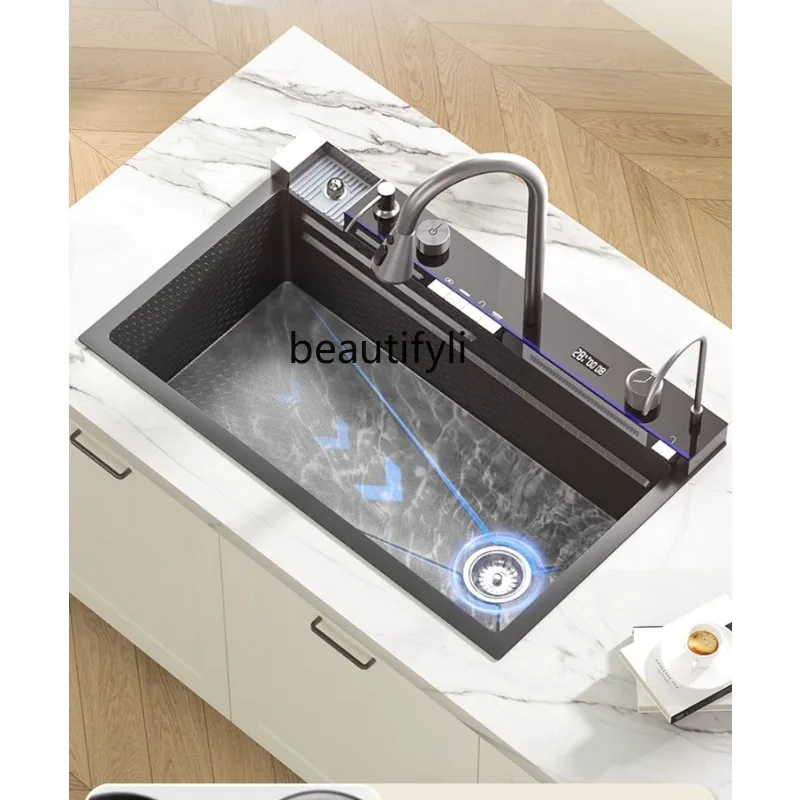 

Waterfall Sink Nano Stainless Steel 304 Household Kitchen Vegetable Basin Digital Display Honeycomb Large Single Sink