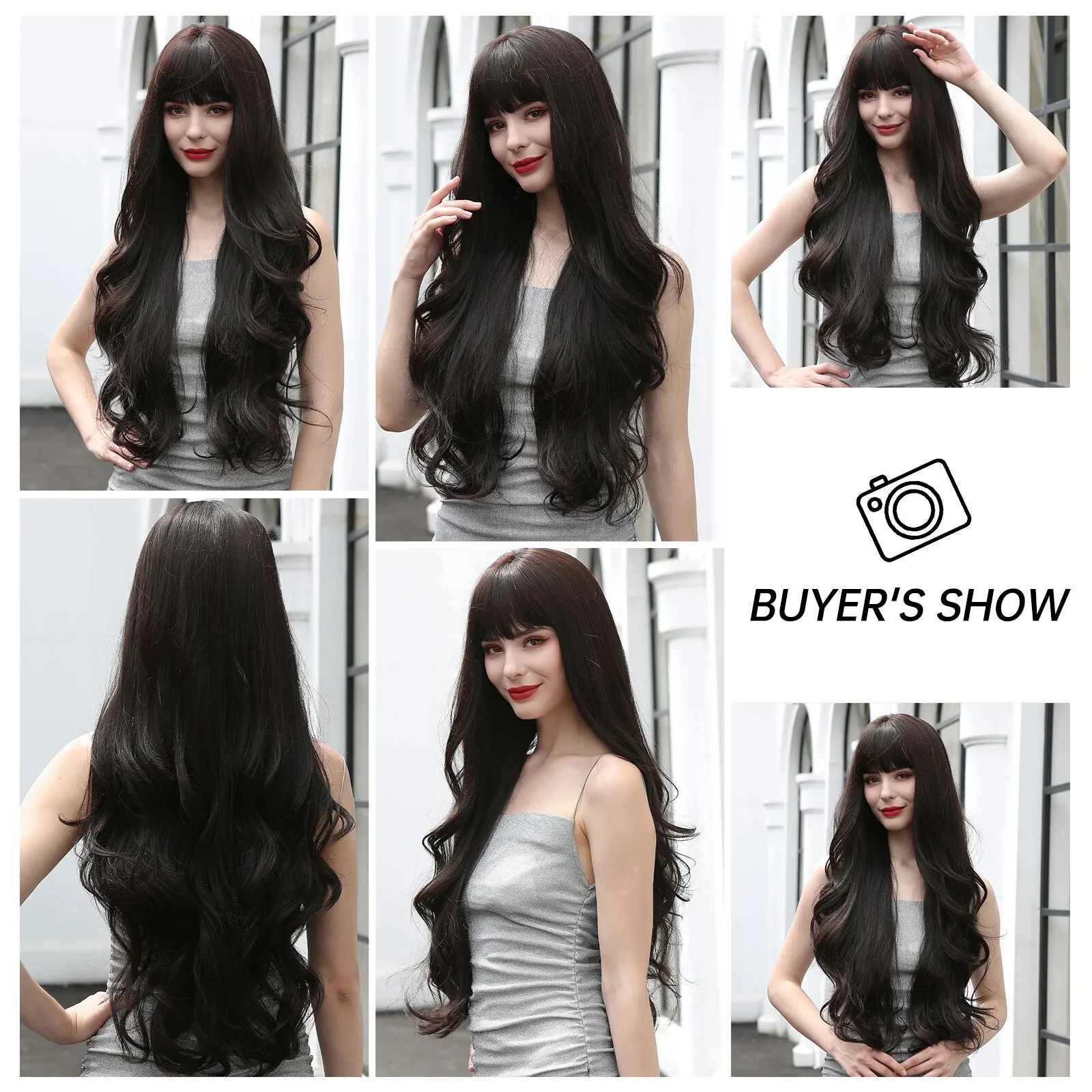 Super Long Black Synthetic Wigs for Women Natural Wavy Hair Wigs with Bangs Female Wig Cosplay Heat Resistant Fiber Wigs