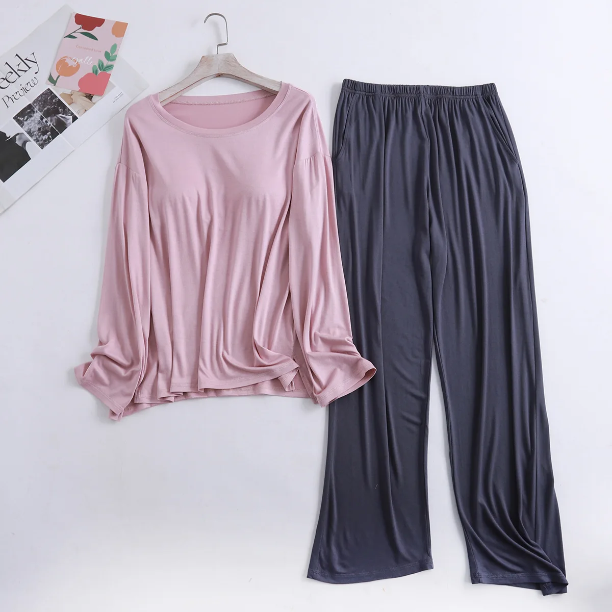 Women's Modal Nigtgown 2pcs pajama sets long sleeves Tshirt bra padded and trousers Loose Sleepwear comfortable Homewear suit