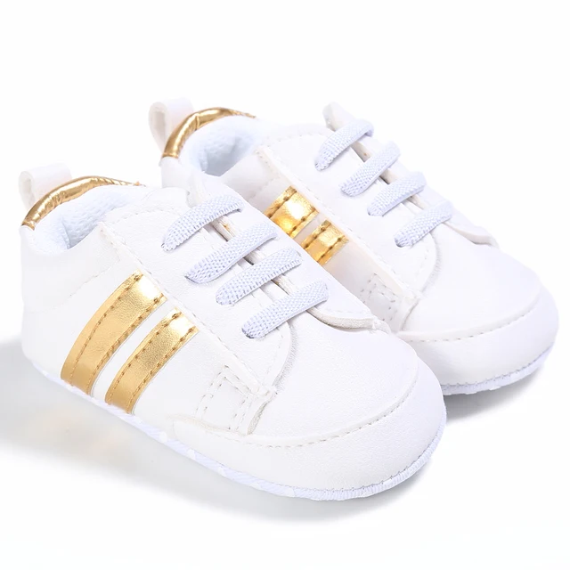 Newborn Baby Shoes Boy Girl Classical Sport Soft Sole PU Leather Multi-Color First Walker Crib Moccasins Casual Sneakers Shoes a-whitegold