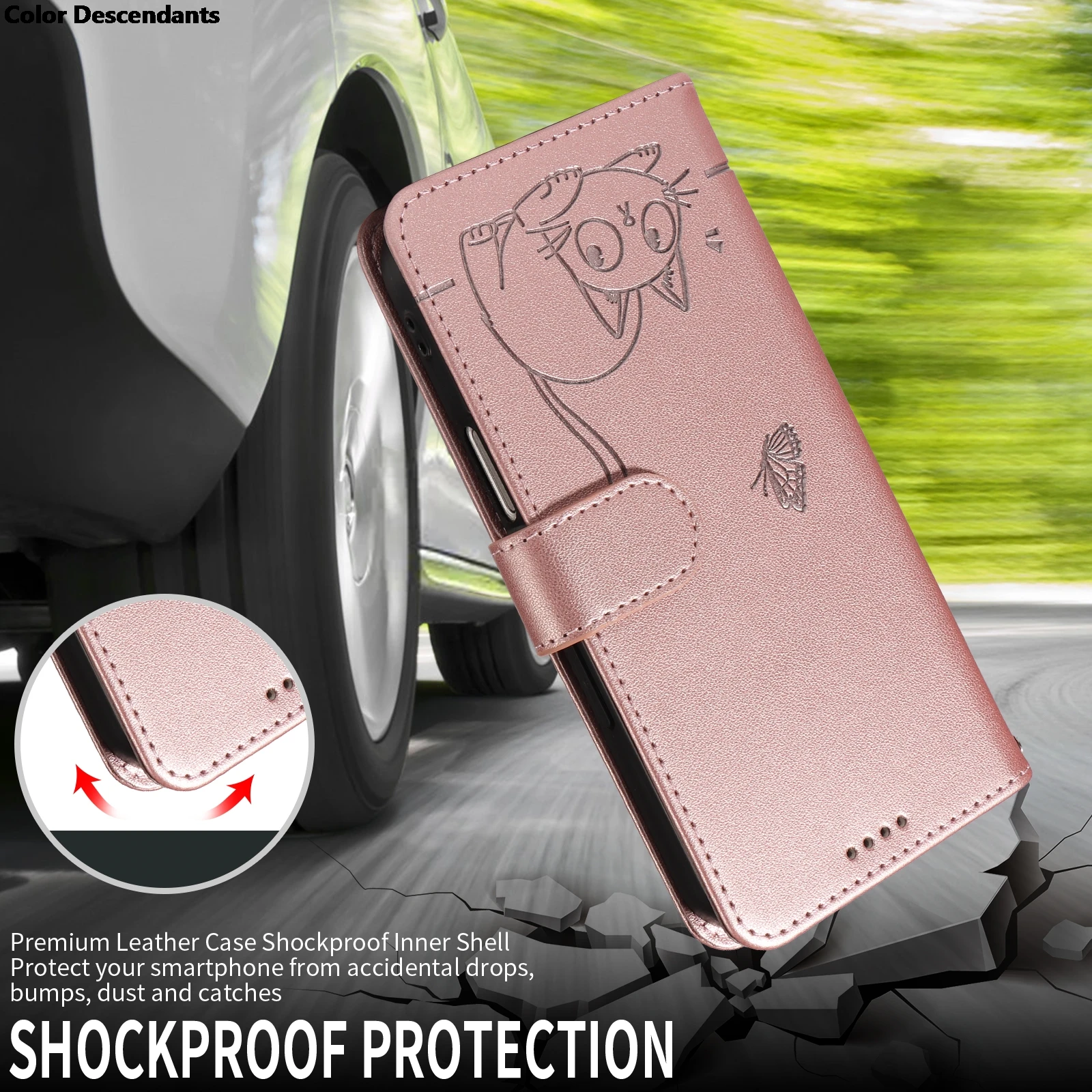Magnetic Wallet Flip Leather Case with Cat and Butterfly Embossed Design