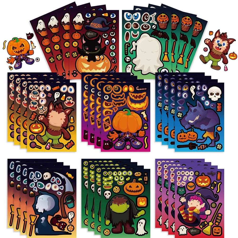 8/16Sheets Cool Halloween Children Puzzle Stickers Make-a-Face Funny DIY Assemble Jigsaw Cartoon Sticker Kids Educational Toys car trump sticker funny architecture stickers make america great again vinyl automobile funny bumper sticker for car decor