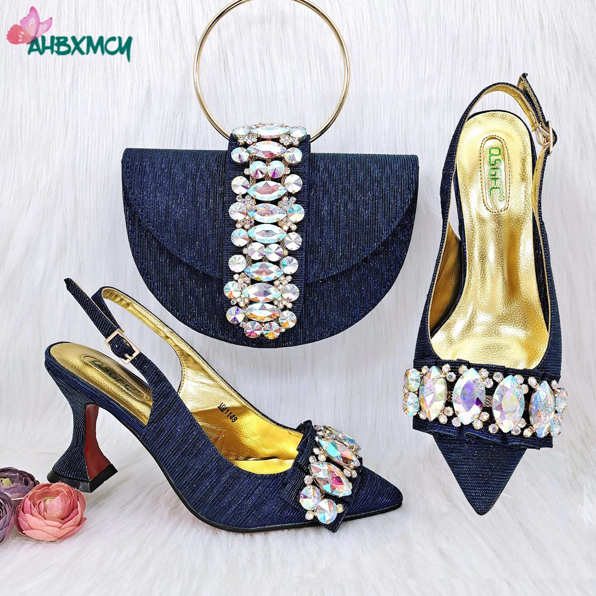 

Fashionable New Arrivals Nigerian Design Women Shoes and Bag Set in Navy Blue Color Decorate with Rhinestone for Party