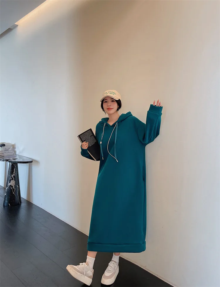 

2022 New Style Vestido Solid Color Plush Sweater Size Hooded Pocket Thickened Fleece Long Sleeve Dress