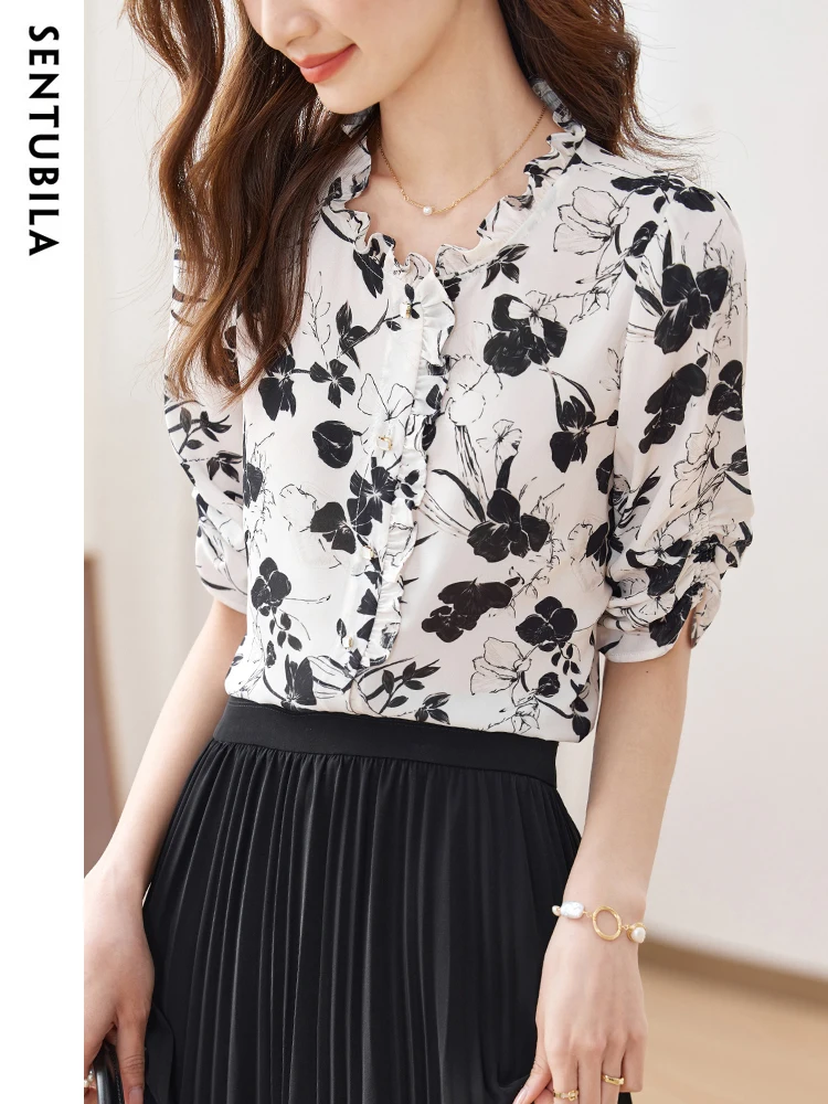 

Sentubila Elegant Black Floral Printed Women's Shirt 2023 Summer Folds Sleeve Ruffled Collar Straight Female Shirts & Blouses