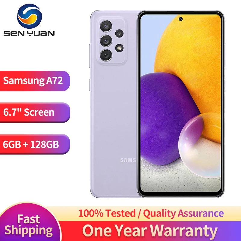 

Original Samsung Galaxy A72 A725F 4G Mobile Phone Dual SIM 6.7'' 6GB RAM 128GB ROM NFC CellPhone 64MP+32MP Octa-Core SmartPhone