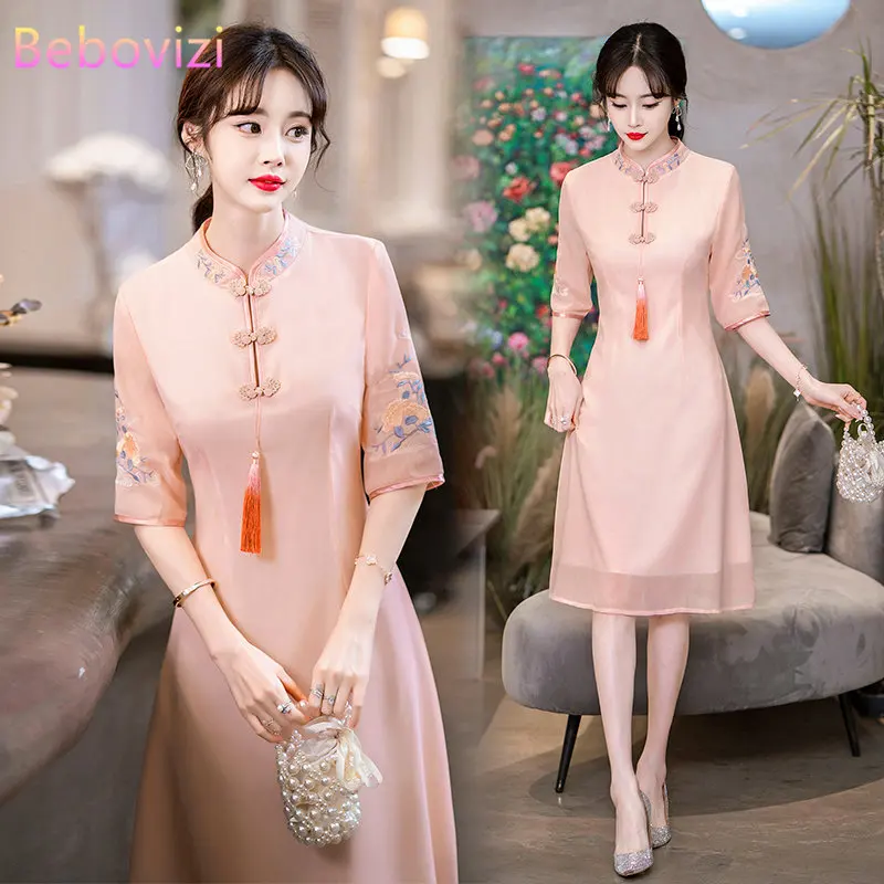 

New Chiffon Embroidery Slim Modified Cheongsam Women Traditional Chinese Qipao Dress Clothes