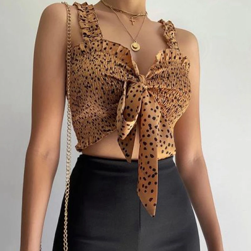 

Women Summer Sexy Spaghetti Strap Sleeveless Tie Front Cami Polka Dot Ruffles Ruched Cropped Tops Brown Boho Backless Vest Tanks