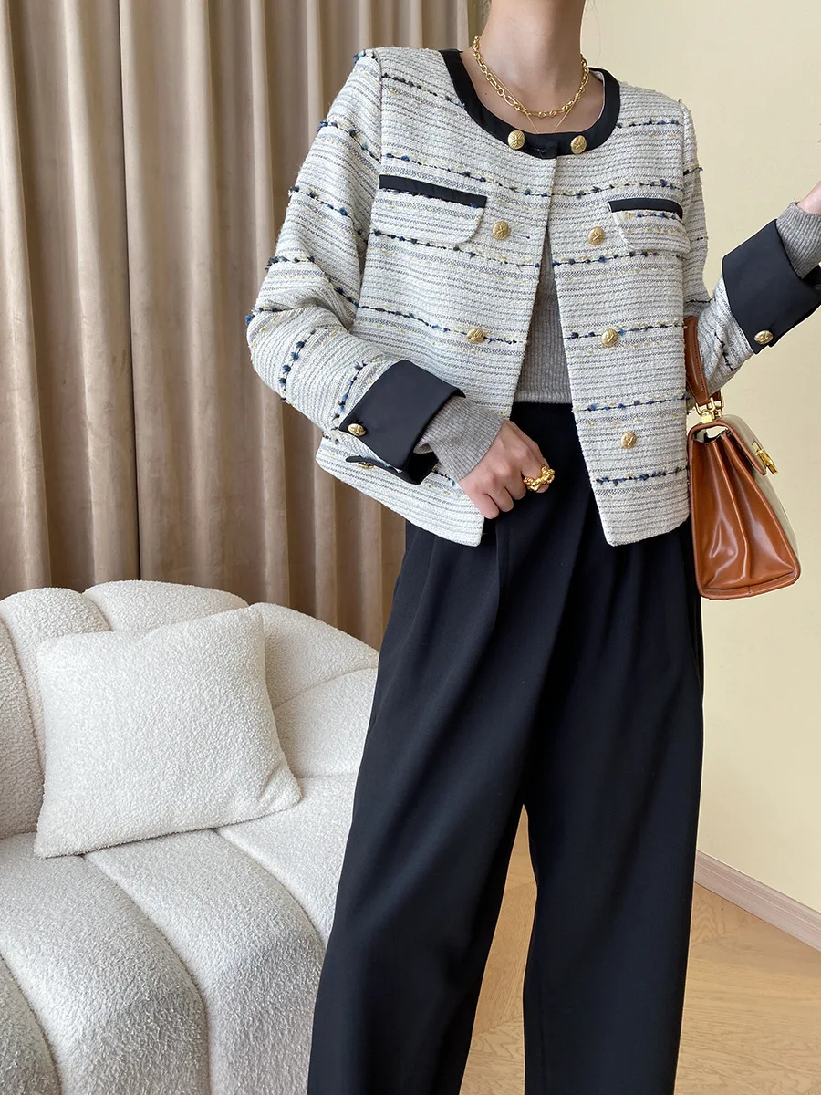 

Женская твидовая куртка на пуговицах, двухрядная свободная твидовая куртка в полоску, с золотистыми пуговицами, верхняя одежда, осень-зима