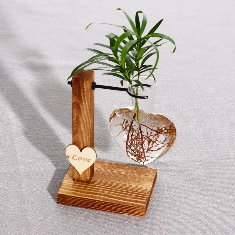 Vaso in Vetro Idroponico Forma di Cuore con Supporto in Legno Vintage