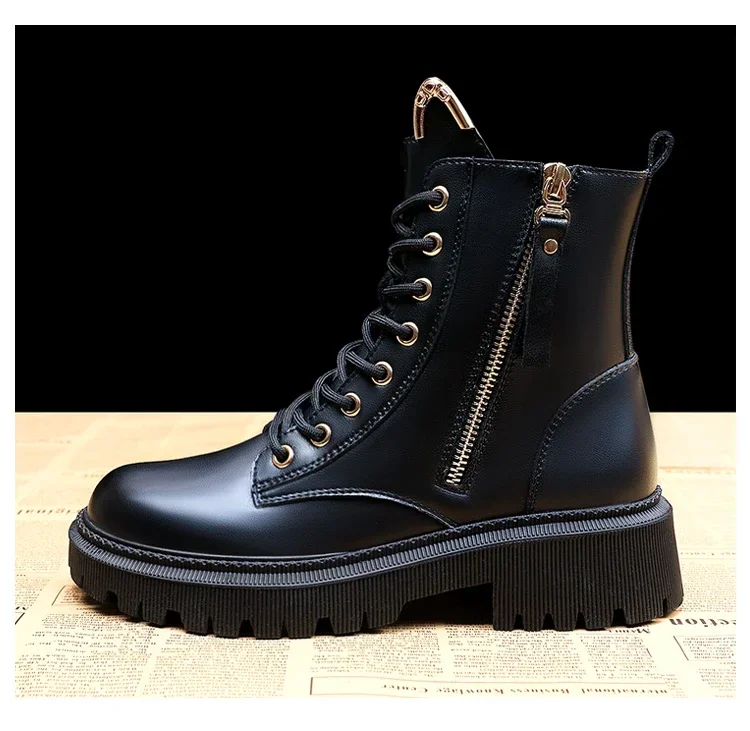 2023 Trend Women's Pu Leather Ankle Boots Autumn Winter Round Toe Lace Up Shoes Woman Classic Fashion Motorcycle Platform Botas