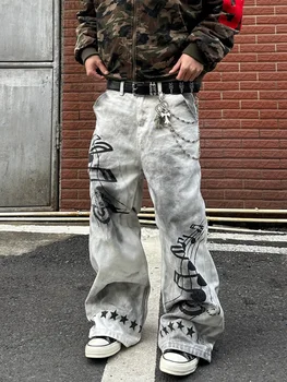 2025 American Retro Y2K Style Dirty Washed White Baggy Jeans Pants For Men Clothing Star Printed Straight Cotton Long Trousers 1