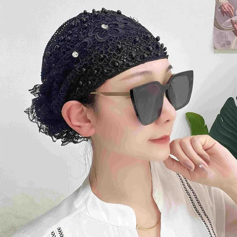 Ladies Floral Lace Headscarf Women Inner Hat Hijab Scarf Lace Cap Turban Headwear Underscarf Flower Headscarf Wrap Bonnet Hair ladies headscarf