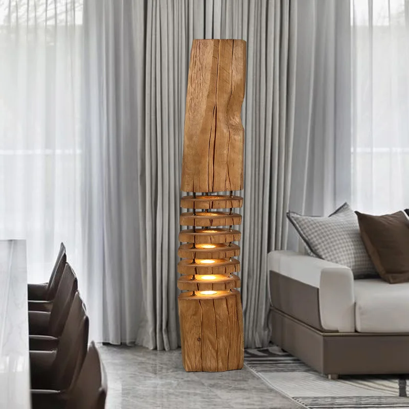 

Modern Chinese Solid Wood Carving Large Floor Lamp Restaurant Hotel Decoration Designer Art Wooden Vertical Lamp