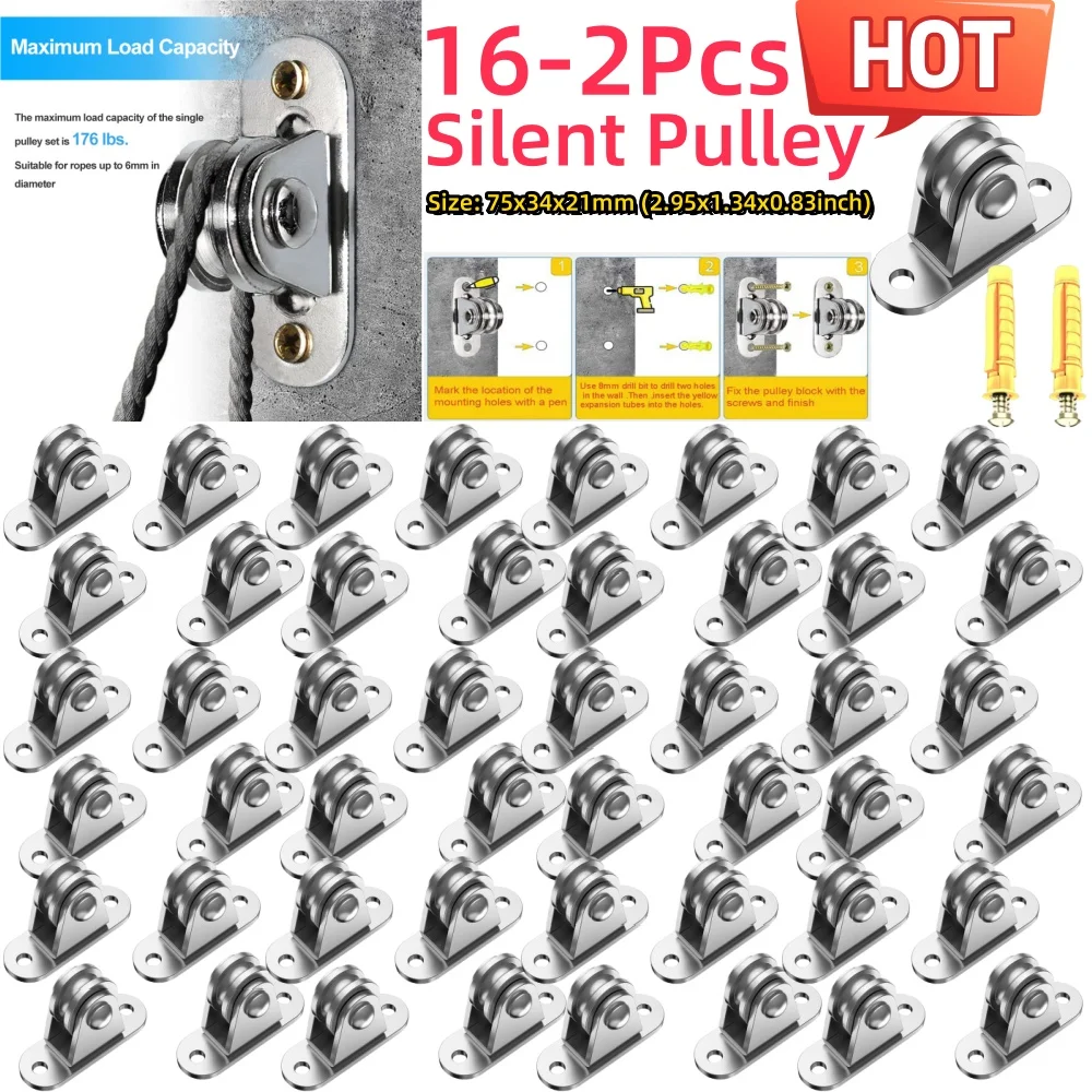 2/4PCS Stainless Steel Pulley Block Kit Silent Pulley Heavy Duty Fixed Detachable Loading 176Lb Lifting Wheel Moving Tool