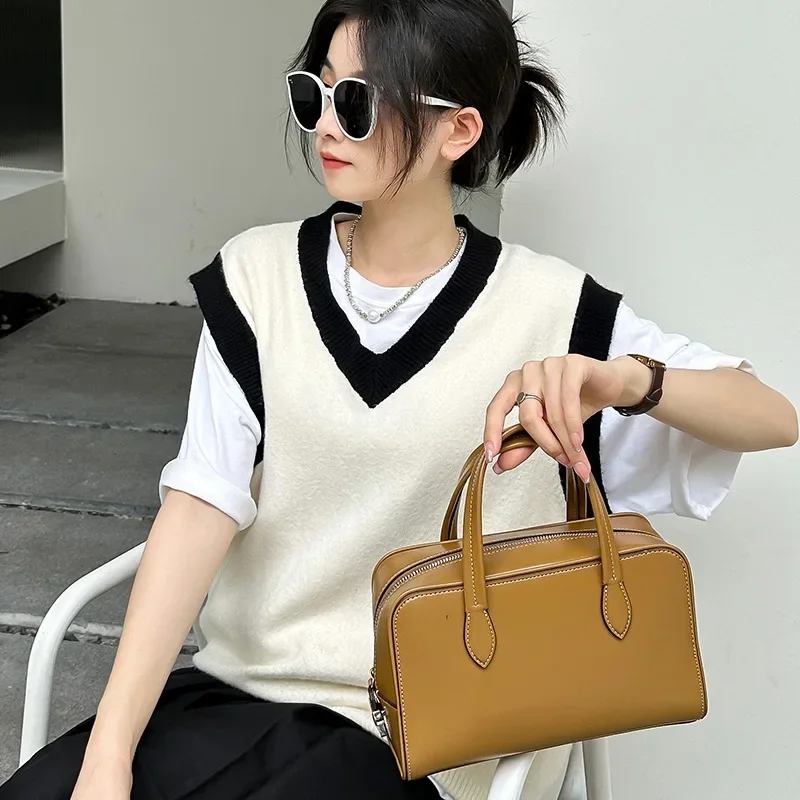 

Genuine Satchels Leather Handle Purses Up Fashion Zip Capacity Luxury Handbags Big Commuter All-match Top Korean Clutches Square