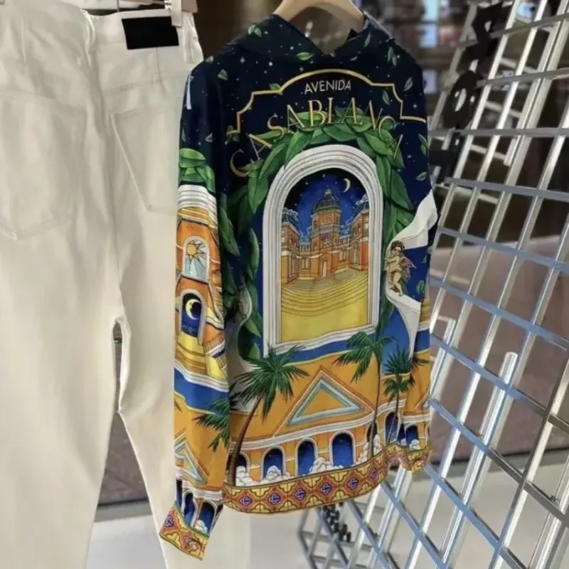 

Dropshipping CASABLANCA Shirts Cupid Castle Print Long Sleeved High Quality Soft Beach Holiday Hawaiian Shirt for Menwomen