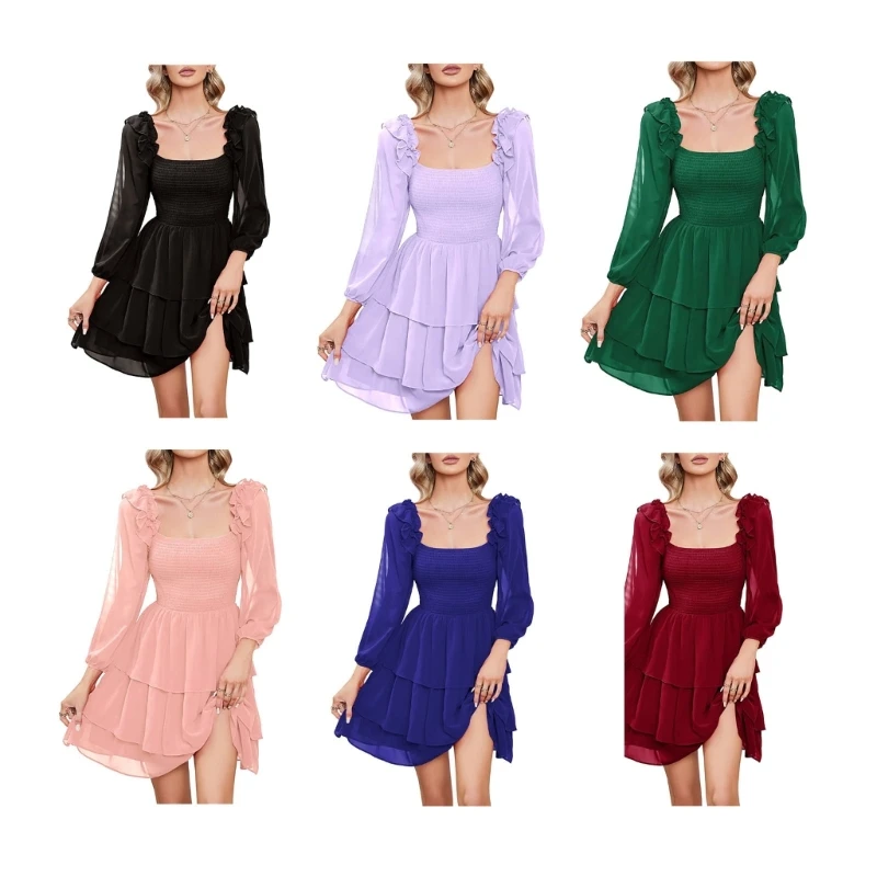 

Women 3/4 Puff Sleeve Square Neck Shirred Layered Ruffled Hem Swing Short Dress