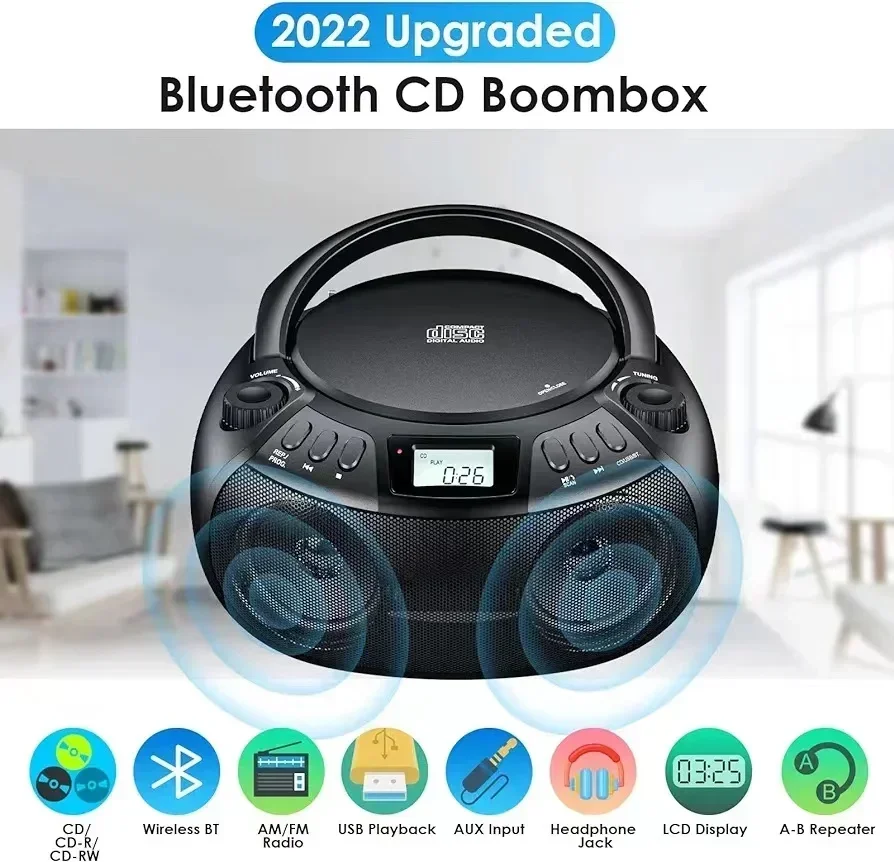 Portable CD Player Boombox with AM/FM Radio, Wireless Connectivity, USB/AUX Input & Stereo Speakers - Supports CD/CD-R/CD-RW/MP3 - 4