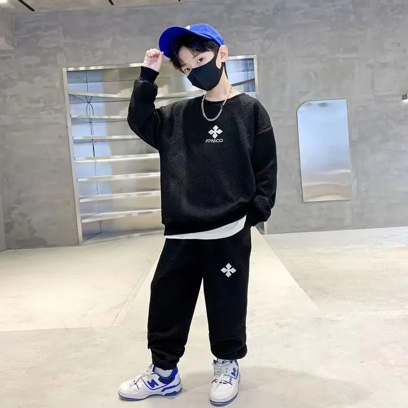 

Baby Boys Fashion Funny Sweater Trousers Set Autumn Children Hooded Outerwear Tops Pants 2PCS Outfits Kids Teenage Costume Suit