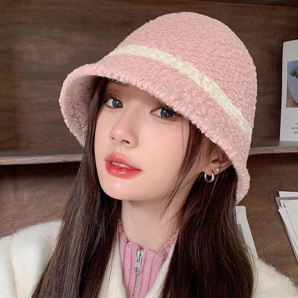 여성용 줄무늬 어부 모자, 혼합 색상 양모 양털 모자, 머리 장식, 따뜻한 버킷 캡, 패션
