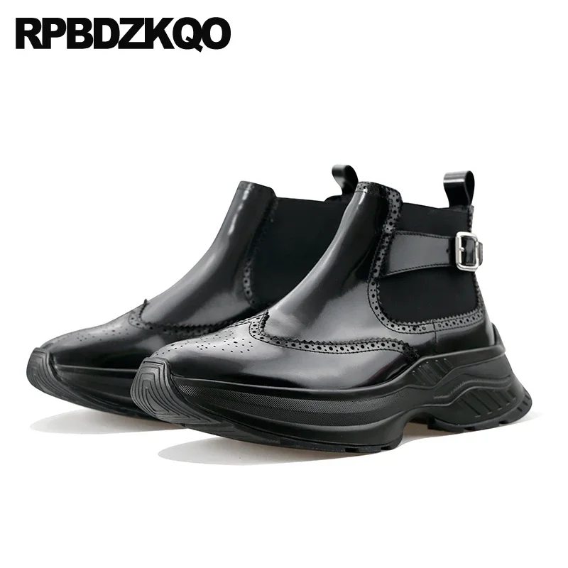 

Ботинки мужские из лакированной кожи, металлические полуботинки, обувь для тренировок, мотоцикла, Челси, на платформе, Полуботинки на танкетке с крыльями