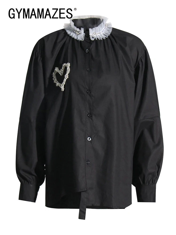 

GYMAMAZES Loose Shirts For Women Stand Collar Long Sleeve Patchwork Diamonds Irregular Blouses Female Fashion Casual Clothes New