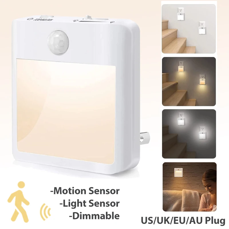 

2 in 1 Motion Sensor Night Lights US EU UK AU Plug Dimmable LED Warm White Ambient Light Bedroom Living Toilet Stairs Kitchen