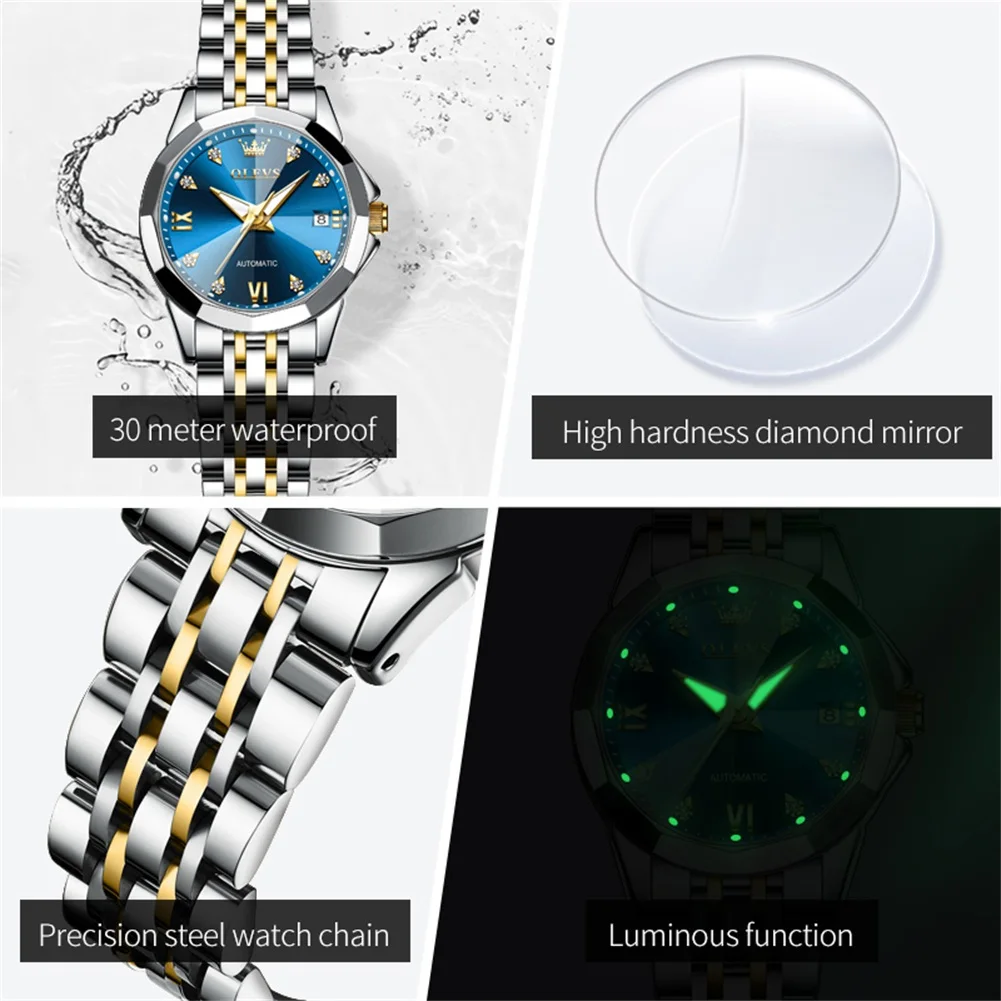 OLEVS 9982 Woman Automatic Watch Rhombus Mirror Mechanical Watch For Women Steel Strap Luxury Waterproof Date Ladies Wristwatch