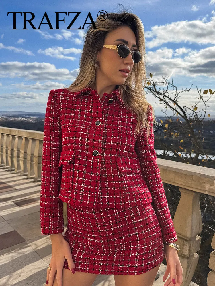 HH Women Vintage Red Plaid Tweed Coat Slim Turn Down Collar Long Sleeve Jacket Autumn Fashion Lady High Street Outwear