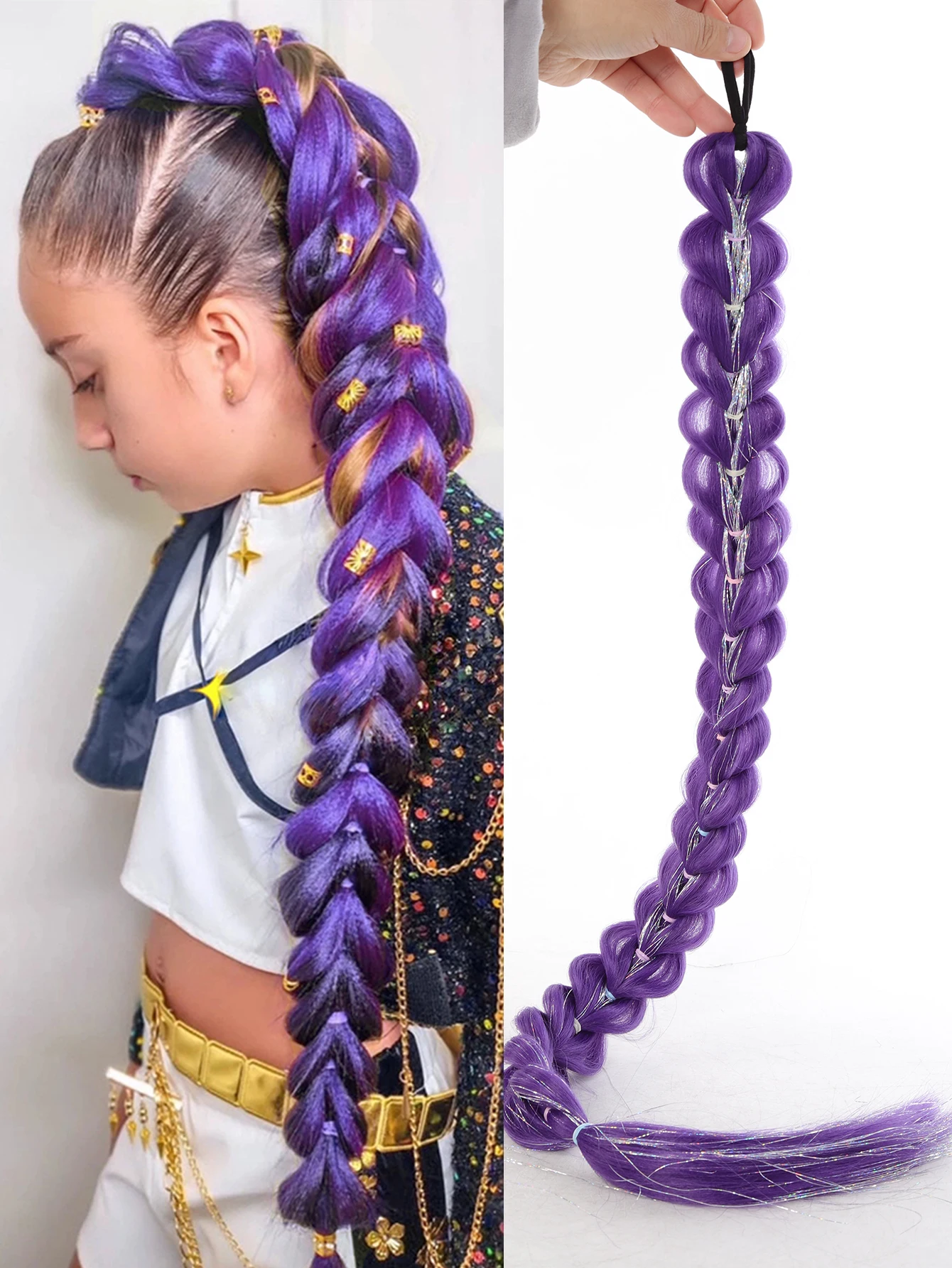 purple braided ponytail with tinsel on display