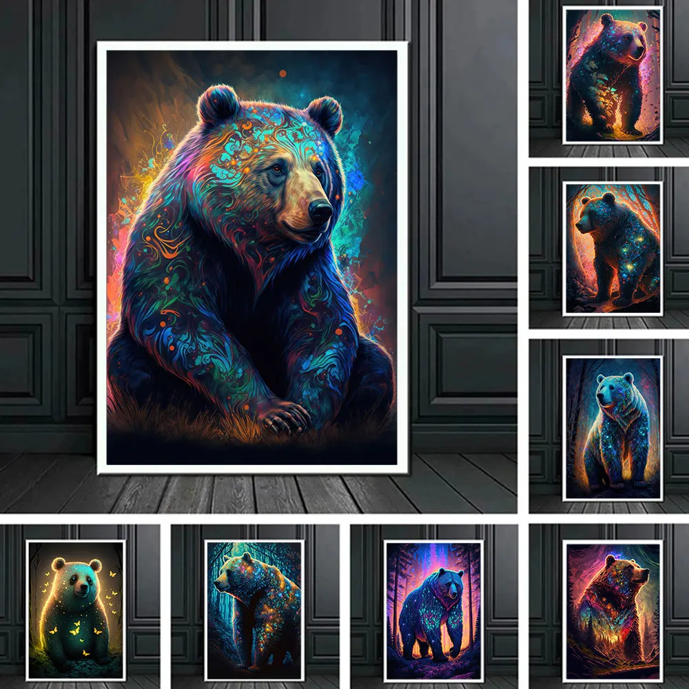 

Abstract Neon Wild Animal Posters and Print Polar Bear Galaxy Canvas Painting Wall Art Pictures for Living Room Home Decor Gift