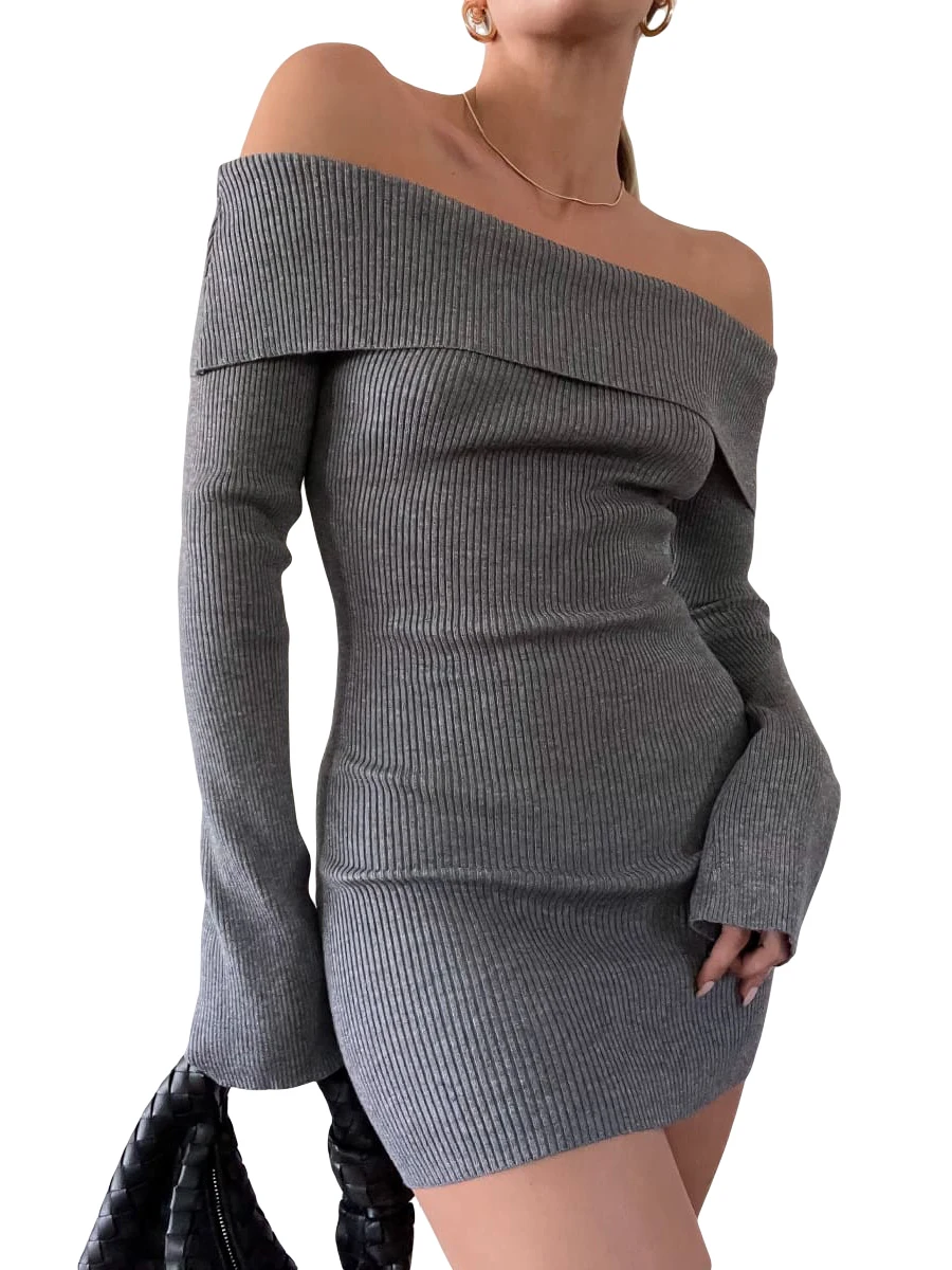

Women´s Off Shoulder Knitted Mini Dress Y2k Gray Long Sleeve Bodycon Short Dress Casual Dress Streetwear