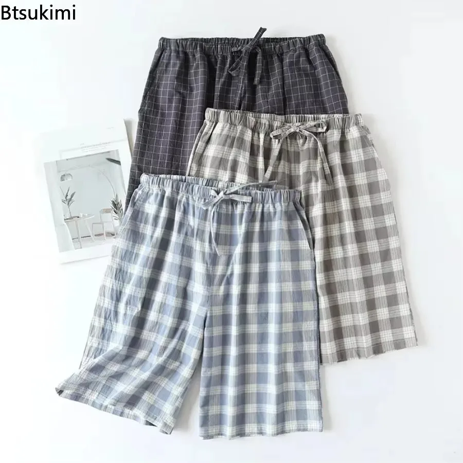 Mens Sleep Shorts Pajama Pants 2025 Men's Sleepwear Plaid Design Cotton Casual Loose Double-layer Home Bottoms