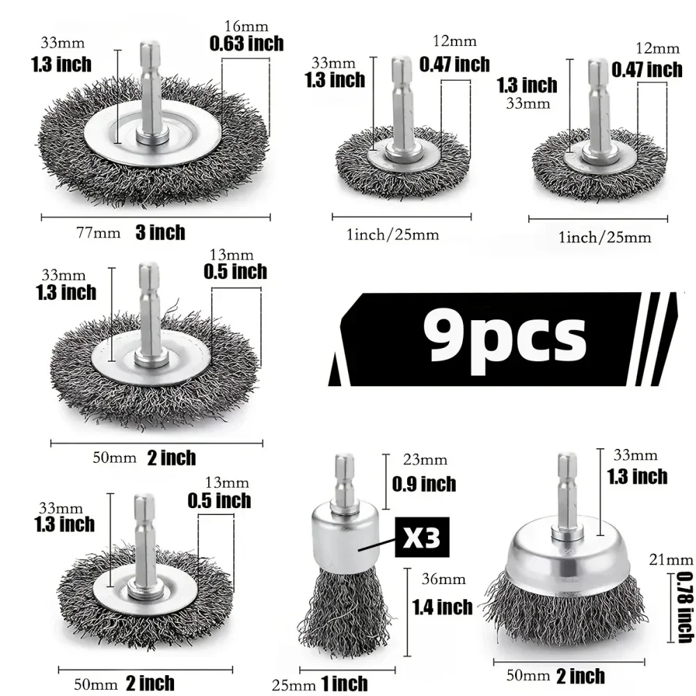 9pcs/3pcs Wire Brush Wheel Cup Brush Set Black Silk 6.35mm Hexagonal Rod for Grinder Abrasive Tool Rust Removal Polishing
