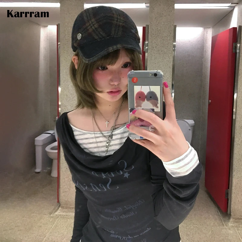 Karrram Japanese Y2k Fake Two-piece Tops 2000s Style Letter Print Long Sleeve T-shirt Vintage Harajuku Patchwork Tops Korean 90s 1
