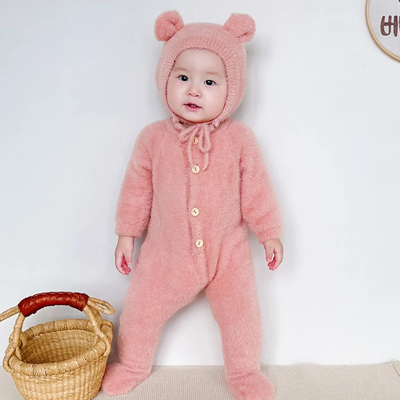 Neonati e ragazze Pagliaccetto scozzese con cappuccio a maniche lunghe in peluche Tuta invernale calda per 3-24 mesi Bambino ragazzo  1501