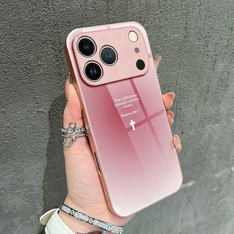 Coque de téléphone en verre trempé métallique rose, Design croix sacré, pour iPhone Pro Max 15 14 Plus 17 Air 16E
