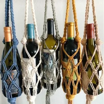 Bohemian Red Wine Hanging Bag Hand-woven Wine Storage Bag Boho Wine Bottle Net Bag Water Bottle Holder for Hiking Camping