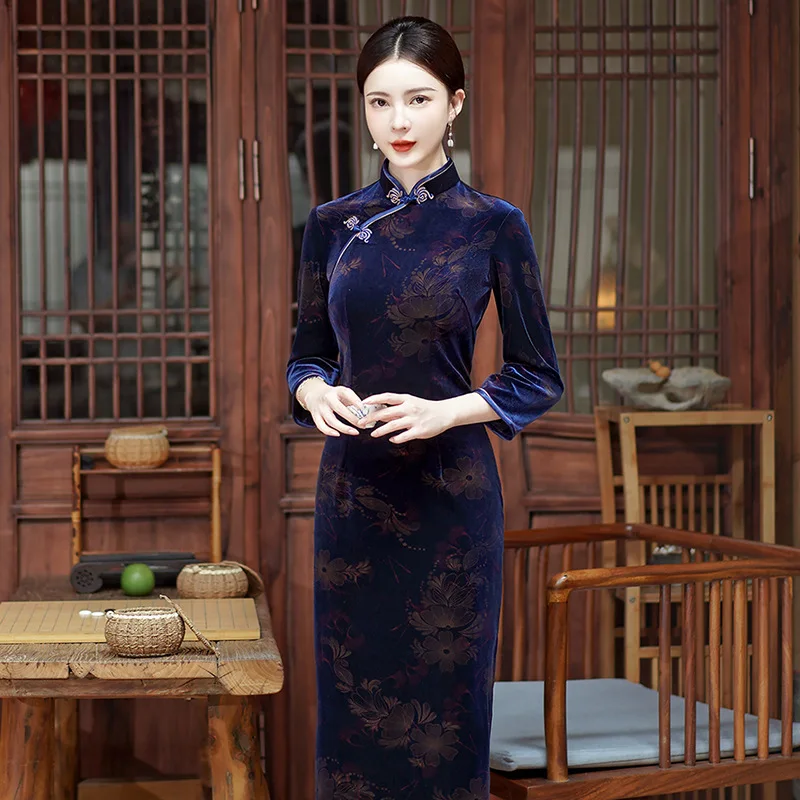 Women Flocking Cheongsam Improved Winter Plus Size Dress Chinese Style Evening Dresses Show Long Qipao Costume 4 Color chinese dress female evening dress