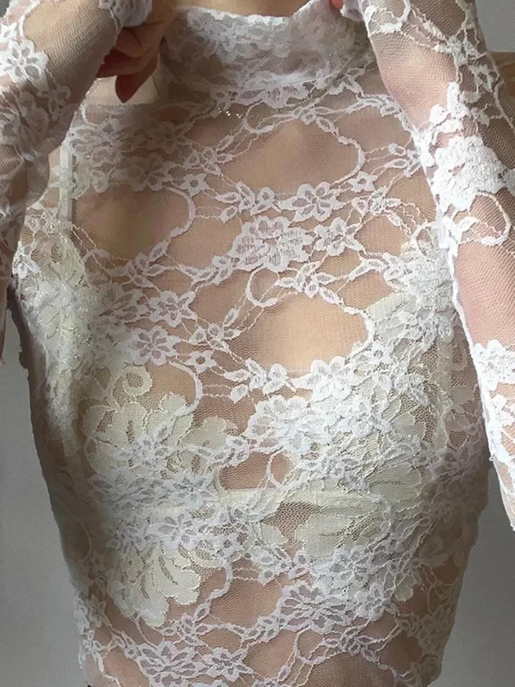 Sexy Lace Blouse Shirts Summer Women Turtleneck Long Sleeve See Through Lace Patchwork Thin Tops 3